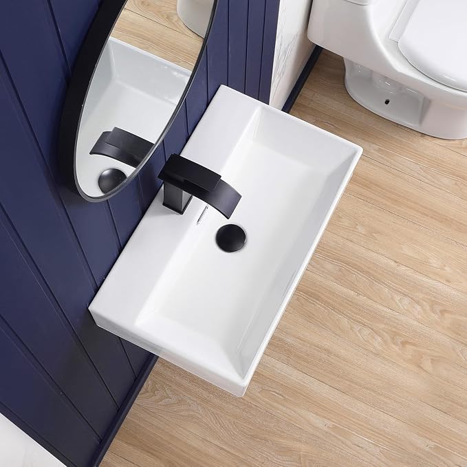 Wall Mount Bathroom Sink 24"x14" Small Vessel Sink Wall Mounted Rectangular Wall Hung Mini White Porcelain Ceramic Floating Tiny Sink with Overflow, Durable, Space-Saving, Ideal for Home,RV