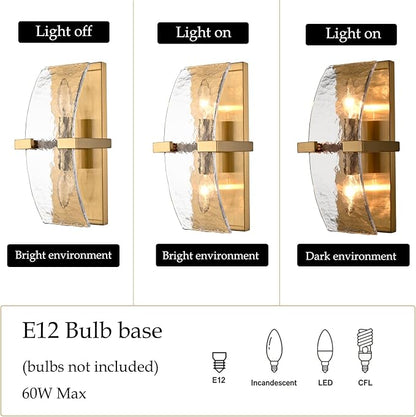 2-Light Modern Gold Wall Sconce with Water Rippled Glass Shades | 13 Inch Hardwired Indoor Wall Light with Gold Finish for Hallway, Living Room, Bedroom, Kitchen