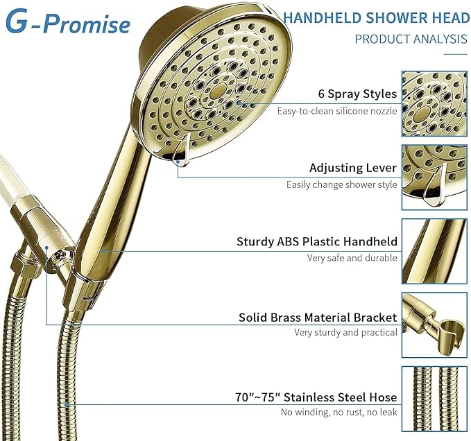 G-Promise Detachable Handheld Shower Head with Metal Holder & Hose | High Pressure, Adjustable Solid Brass Bracket Holder, 6 Spray Settings, 70" to 75" Long Stainless Steel Hose, Easy DIY