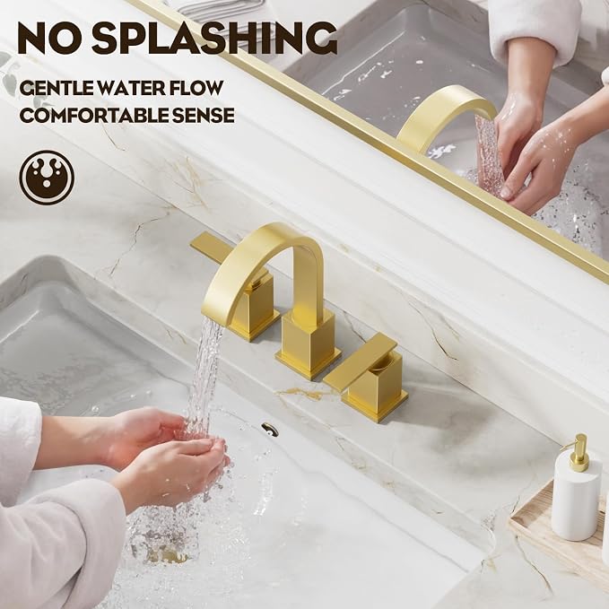 Brushed Gold Bathroom Faucet 8 Inch Widespread 3 Hole 2 Handle,Waterfall Swivel Spout Bathroom Sink Faucet with Pop Up Drain and Water Supply Line,WF011-BG