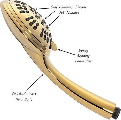 Luxury Handheld Shower Kit - 1.8 GPM - Polished Brass | 6 Function High Pressure Removable Hand Held Showerhead with Hose and Mount, Easy Install for Boosting Low Water Flow Baths