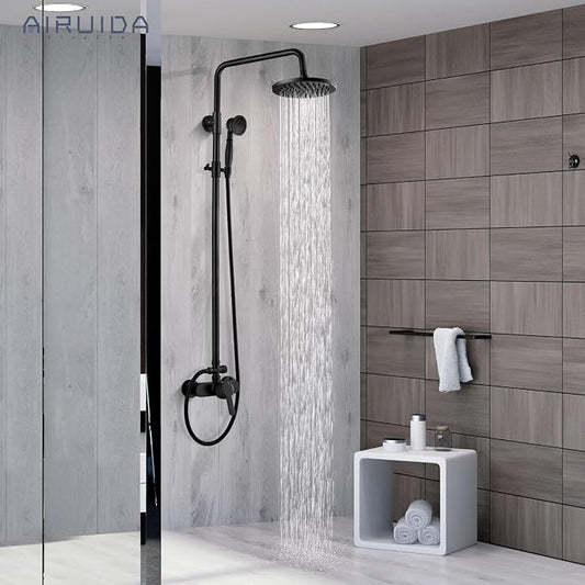 Airuida Matte Black Exposed Shower System with Handheld Spray | Single Handle,Wall Mount,8 Inch Rainfall Shower Head,Dual Function,Exposed Pipe