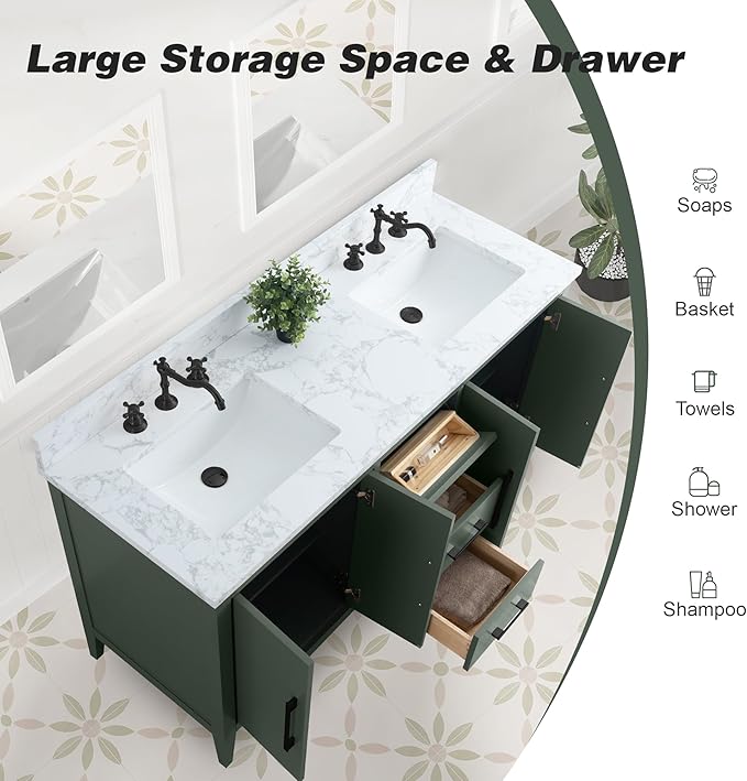 HomeBeyond 60 Inch Bathroom Vanity with Sink & Ceramic Top, Double Vanity Cabinet with Basin, Soft-Closing Doors & Matte Black Hardware, Vintage Green