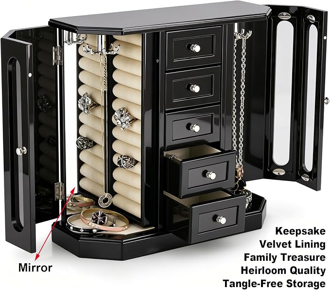 RR ROUND RICH DESIGN Vintage Jewelry Armoire with Mirror Black | Solid Wood Jewelry Box Organizer with 5 Drawers & 2 Glass Doors - Large Capacity Desktop Dresser Case