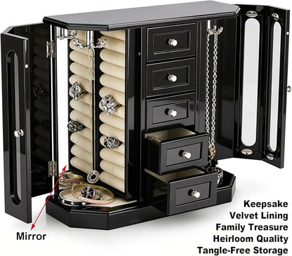 RR ROUND RICH DESIGN Vintage Jewelry Armoire with Mirror Black | Solid Wood Jewelry Box Organizer with 5 Drawers & 2 Glass Doors - Large Capacity Desktop Dresser Case