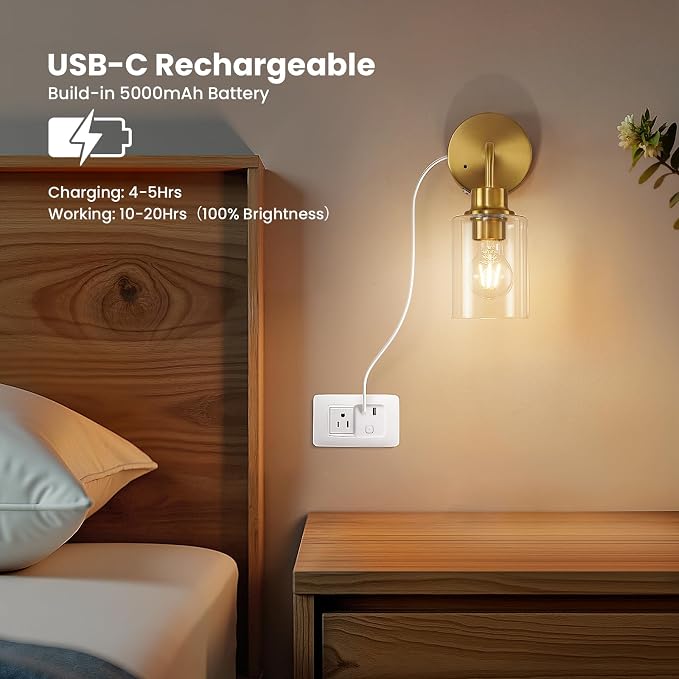 Epinl Battery Operated Wall Sconce Set of Two - Dimmable Wireless Sconces Set of 2 with Remote Control, Cordless Rechargeable Gold Wall Lights 3000K Modern Wall Lamp for Bathroom Bedroom Living Room