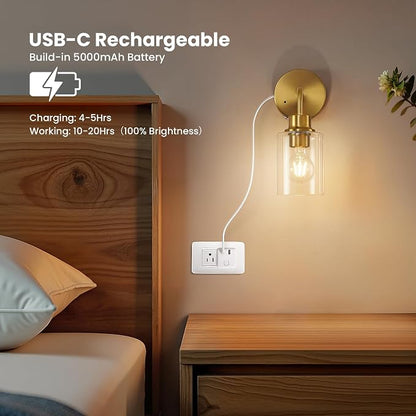 Epinl Battery Operated Wall Sconce Set of Two - Dimmable Wireless Sconces Set of 2 with Remote Control, Cordless Rechargeable Gold Wall Lights 3000K Modern Wall Lamp for Bathroom Bedroom Living Room