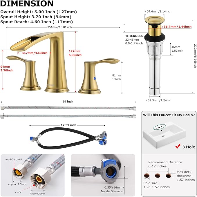 PARLOS Waterfall Widespread Bathroom Faucet Double Handles with Metal Pop Up Drain & cUPC Faucet Supply Lines, Brushed Gold, Demeter 1431808