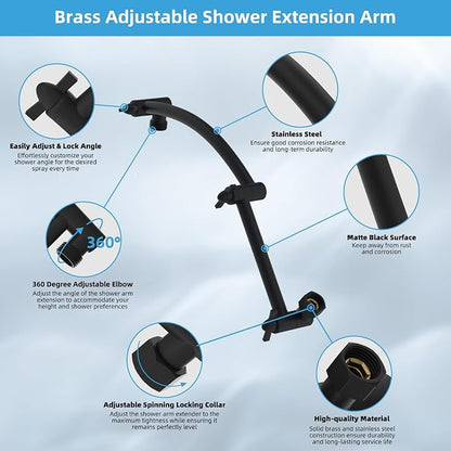 Hibbent All Metal 8'' Rain Shower Head, 16'' Extension Arm, Matte Black | cUPC Certified High Pressure Rainfall Showerhead with Solid Brass Adjustable Shower Head Extension Arm, Fixed Showerheads