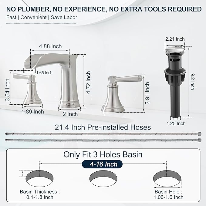 8 Inch Brushed Nickel Bathroom Faucet Widespread, Brass Waterfall Faucet for Bathroom Sink 3 Hole 2 Handle with Pop up Drain & Pre-Installed cUPC Supply Pipe for Restroom, 10 Mins Install