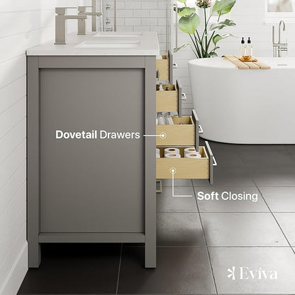 Eviva London 48 Inch Double Vanity - Grey Bathroom Vanity with Top and Sink - Undermount Porcelain Sink Combo - Quartz Countertop