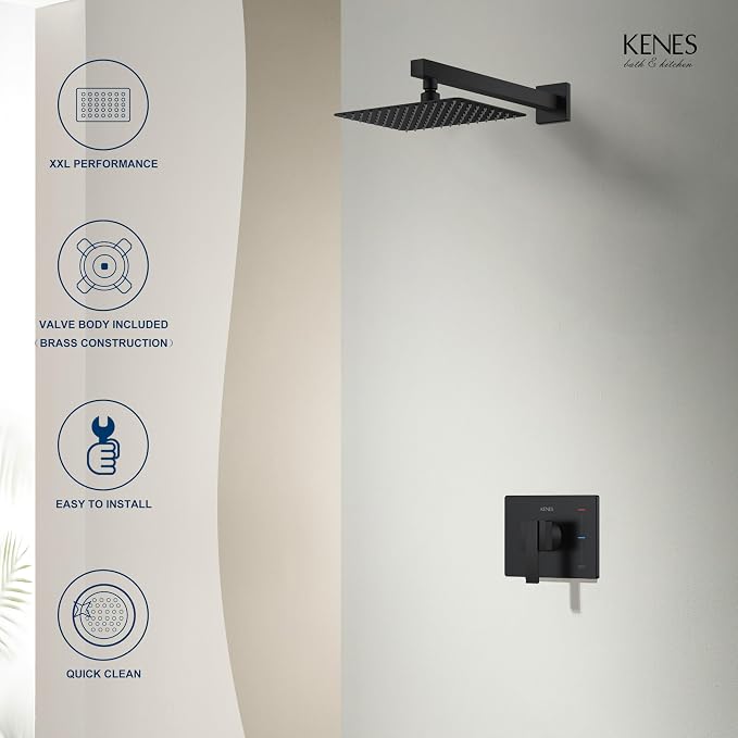 KENES Matte Black Shower Faucet Set, Square Shower Head and Handle Set | Shower Faucet with 10-Inch Rain Shower Head, Square Shower System, Valve Included, Lead-Free cUPC & NSF Certified, Stainless