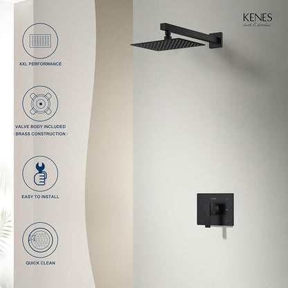 KENES Matte Black Shower Faucet Set, Square Shower Head and Handle Set | Shower Faucet with 10-Inch Rain Shower Head, Square Shower System, Valve Included, Lead-Free cUPC & NSF Certified, Stainless