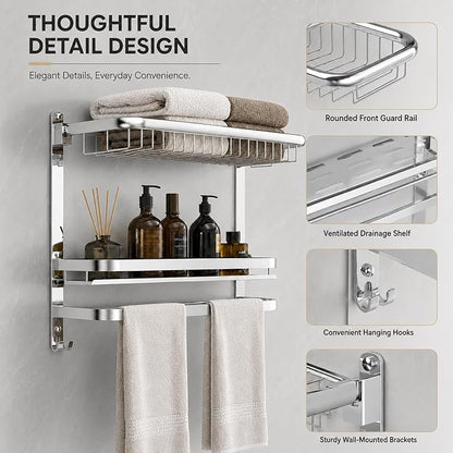 23 Inch Towel Rack for Bathroom with 3 Tier Shelf Double Bar Hook (Silvery) | 90 Degree Foldable Top Design, Wall Mounted Storage Shelf of 304 Stainless Steel, No Drill or Screw Installation