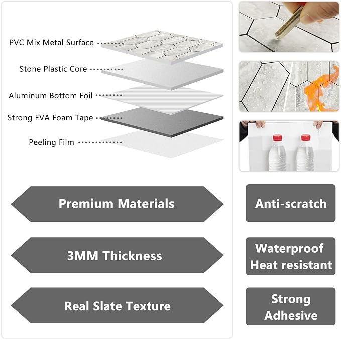 Vamos Tile Long Hexagon Peel and Stick Backsplash Tile - 10 Sheets Stick on Backsplash for Kitchen and Bathroom 12.4 x 12 Inch Beige Slate Look PVC Self Adhesive Mosaic Wall Tiles