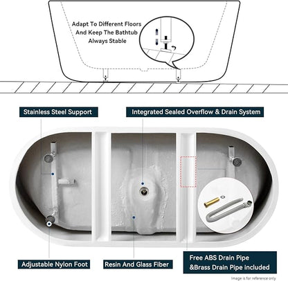 FerdY Santorini 67" Acrylic Freestanding Tub, Gracefully Shaped Contemporary Soaking Tub, Glossy White, cUPC Certified, White Toe-tap Drain and