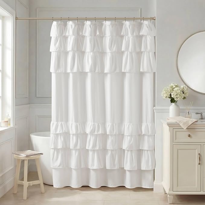 Madison Park Grace Extra Long Ruffle Shower Curtain, 72"x 72", White | Farmhouse Cottage Top, Machine Washable, Shabby Chic Ruffled Decor Fabric, Privacy Screen, Solid Color Bathroom Curtains