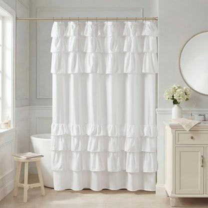 Madison Park Grace Extra Long Ruffle Shower Curtain, 72"x 72", White | Farmhouse Cottage Top, Machine Washable, Shabby Chic Ruffled Decor Fabric, Privacy Screen, Solid Color Bathroom Curtains