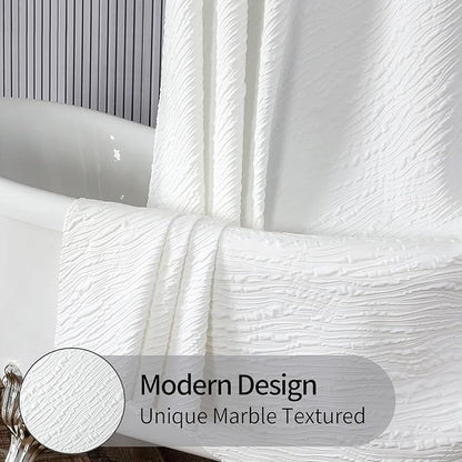 MitoVilla White Fabric Shower Curtain 72 x 78, Farmhouse Long Modern Geometric Cloth Shower Curtain for Bathroom Decor, Luxury Marble Textured, 78 inch Long