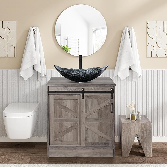 30" Barn Door Bathroom Vanity, Farmhouse Style Standing Pedestal Cabinet with Silver Leaf Vessel Sink