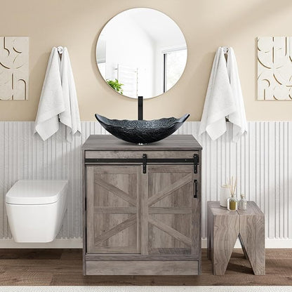 30" Barn Door Bathroom Vanity, Farmhouse Style Standing Pedestal Cabinet with Silver Leaf Vessel Sink