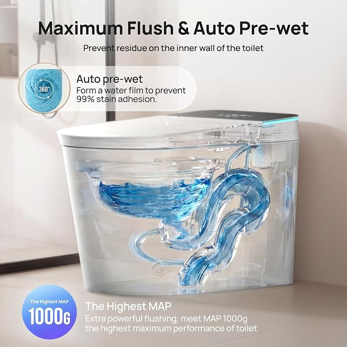 Smart Toilet with Bidet Built-in: Super Gentle Wash Bidet Toilet with Dryer, Dual Flush One Piece Toilets with Auto Lid/Seat, Foam, Heated Seat, Foot Sensor, UV-C Night Light, Child Mode, Grey