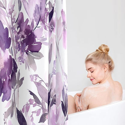 MAYZUS Extra Long Shower Curtain 72 x 84 Inch, Tall Purple Floral Decor | Lavender Watercolor Floral Modern Abstract Flower Bathroom Fabric Shower Curtain Set with Hooks
