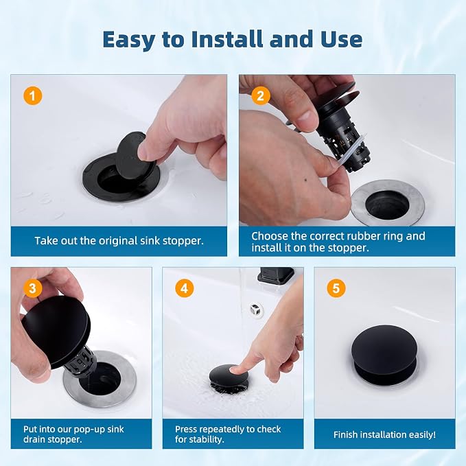 Hibbent Upgraded 3 in 1 Bathroom Sink Drain Strainer, Pop Up Sink Stopper with Big Push Cap, Anti-Clogging Metal Filter Basket,Sink Plug with Hair Catcher for 1.1''~2.36'' Basin, Matte Black