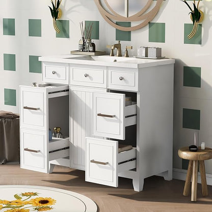 LUMISOL 36" Bathroom Vanity with Sink Top, Modern Bathroom Vanity with 3 Drawers & Cabinet, Solid Wood Bathroom Cabinet with Undermount Basin, White