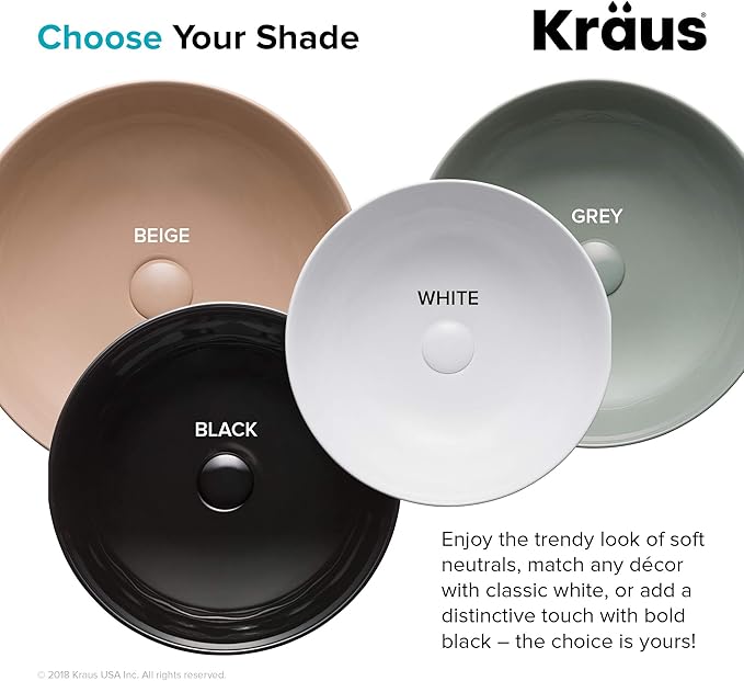 KRAUS Viva™ Round White Porcelain Ceramic Vessel Bathroom Sink, 16 1/2 in. D x 5 1/2 in. H, KCV-200GWH