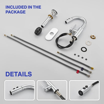 Bathroom Faucet with Sprayer, Chrome Single Hole with Pop-Up Drain | Kablle Single Handle Pull Out 1 or 3 Hole Laundry Bar Basin Faucet with Deck Plate, KBL-7002C-CL