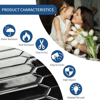 10 Sheets Long Hexagon Tile Peel and Stick Backsplash | Self-Adhesive Wall Tiles Stick on Back Splash for Kitchen, Bathroom, Fireplace,RV(Black,12"×12")