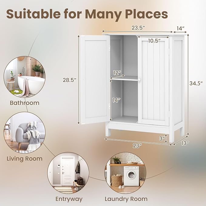 COSTWAY Bathroom Storage Cabinet, Freestanding Bathroom Organizers and Storage with Doors & Adjustable Shelf, Wooden Floor Cabinet for Home, Living Room, Entryway, Kitchen (White) | Storage with Doors & Adjustable Shelf, Wooden Floor Cabinet for Home, ...