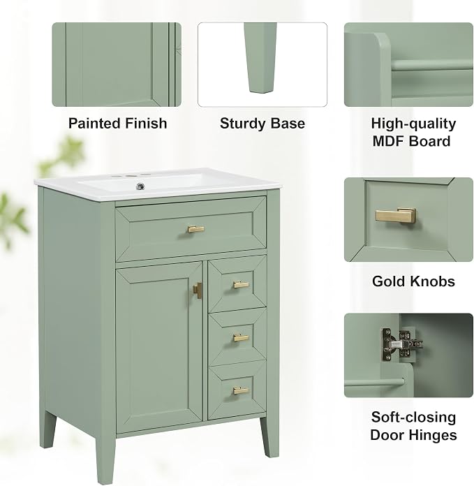 Merax 24 Inch Bathroom Vanities with Undermount Ceramic Sink, Tip-Over Drawer and Side Drawers, Soft Closing Door with Shelf, Solid Wood Frame, Light Green