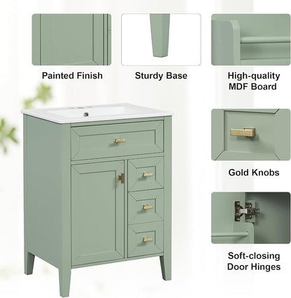 Merax 24 Inch Bathroom Vanities with Undermount Ceramic Sink, Tip-Over Drawer and Side Drawers, Soft Closing Door with Shelf, Solid Wood Frame, Light Green
