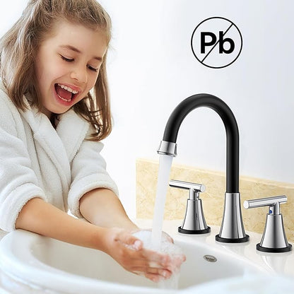 Bathroom Faucets for Sink 3 Hole, Hurran Black& Chrome Bathroom Sink Faucet with Pop-up Drain and Supply Lines, Stainless Steel Lead-Free Widespread Faucet for Vanity RV Farmhouse Sink