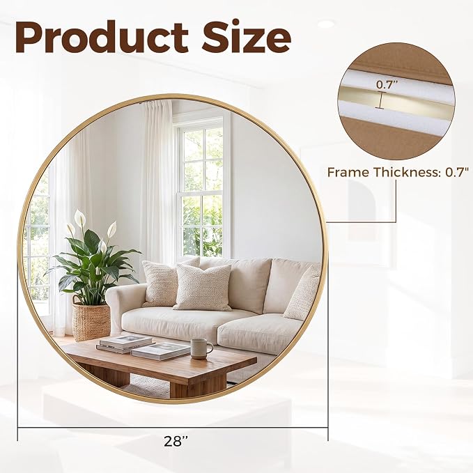 Sweetcrispy 28 Inch Round Wall Mirror, Bathroom Mirrors for Over Sin | Matte Metal Framed, Wall Decor for Bedroom, Entryway, Anti-Rust, Tempered Glass, Hanging or Leaning, Gold