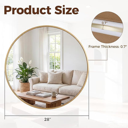 Sweetcrispy 30 Inch Round Wall Mirror, Bathroom Mirrors for Over Sink | Matte Metal Framed, Wall Decor for Bedroom, Entryway, Anti-Rust, Tempered Glass, Hanging or Leaning, Gold