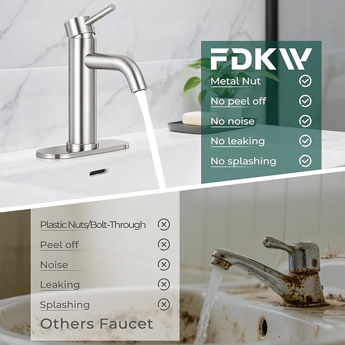 Brushed Nickel Bathroom Faucets, Modern Bathroom Sink Faucet Single Handle Bathroom Faucet for 1 or 3 Hole, Mixer Tap Vanity Faucet with Deck Plate, Pop-up Drain and Supply Hoses