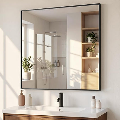36"x36" Matte Black Framed Square Bathroom Vanity Wall Mirror | Accent Wall Mirror, Square Geometric Look, Slim Metal Frame, Living Room or Entryway, Keyhole Mount, Tempered Glass