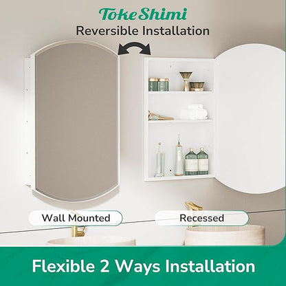 TokeShimi 16 x 26 Oval Bathroom Medicine Cabinet with Mirror Beveled, White Arched Medicine Cabinet with Mirrored, Recessed or in Wall Mirror with Storage Metal Modern