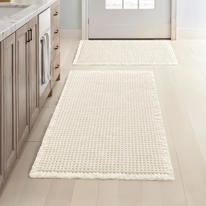 MIULEE Set of 2 Waffle Bathroom Rugs Cream White Bath Mat 17"x24"+18"x30" | Non Slip, Super Absorbent, Washable, Ultra Soft, Rubber Backed, Small Boho Bath Rugs for Bathroom Floor Tub Shower
