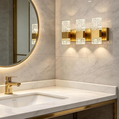 Epinl Gold Bathroom Vanity Light Fixtures Bathroom Light Fixtures Over Mirror 3-Light 4000K LED Crystal Wall Sconces Modern 30W Brushed Hardwired Wall Lights for Bathroom Bedroom Living Room