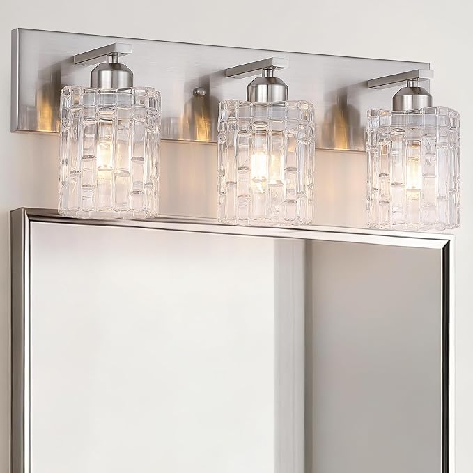 3-Light Crystal Bathroom Vanity Light Over Mirror, Nickel Modern Wall Light Fixture for Bathroom, Living Room, Bedroom, Hallway