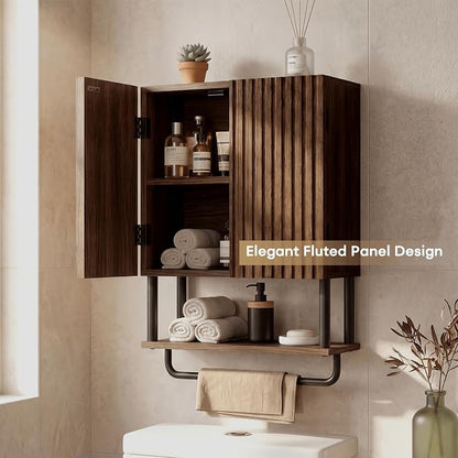 Fluted Bathroom Wall Cabinet,Wood Medicine Cabinet with Towel Bar Walnut | Fernitry Over the toilet Storage Cabinet Walnut Wall Mounted with Adjustable Shelf 3 Tier Farmhouse with 2 Doors Retro