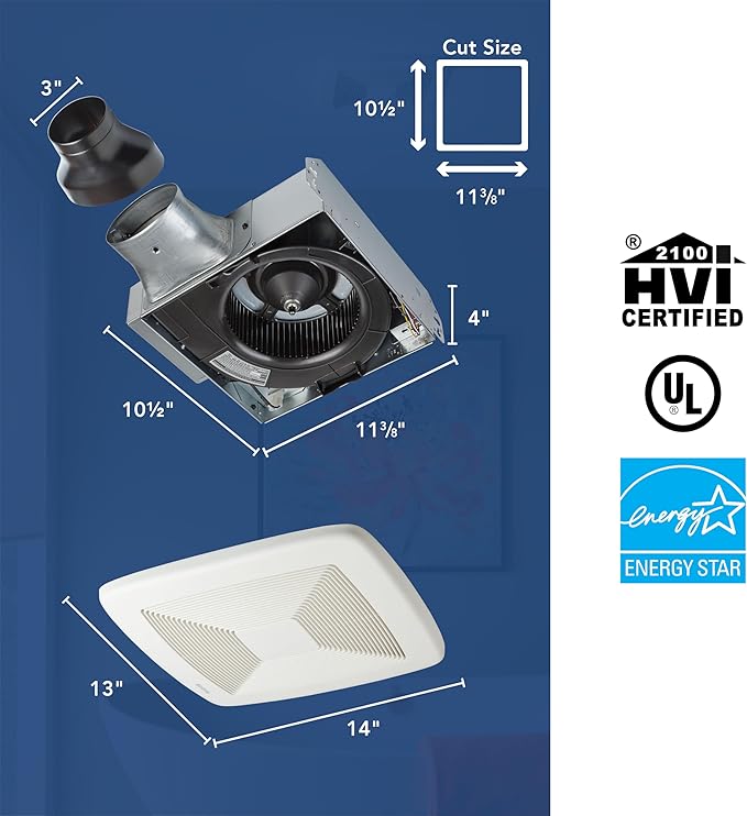 Broan-NuTone LP80 ENERGY STAR Certified LoProfile 4" Bath Ventilation Fan, 1.0 Sones, 80 CFM White Exhaust Fan