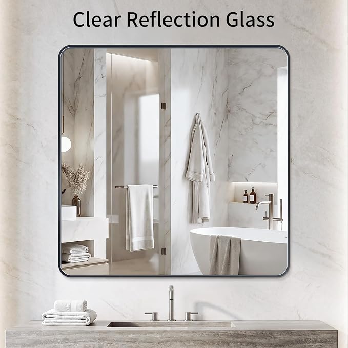 Bathroom Mirror 40"x40" Matte Black Rectangle Bathroom Wall Mirror for Over Sink, Modern Large Vanity Mirror, HD Tempered Glass, Anti-Rust Aluminum Alloy Frame, for Living Room, Bedroom, Entryway
