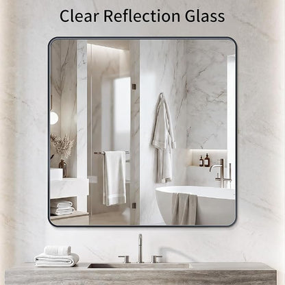 Bathroom Mirror 40"x40" Matte Black Rectangle Bathroom Wall Mirror for Over Sink, Modern Large Vanity Mirror, HD Tempered Glass, Anti-Rust Aluminum Alloy Frame, for Living Room, Bedroom, Entryway