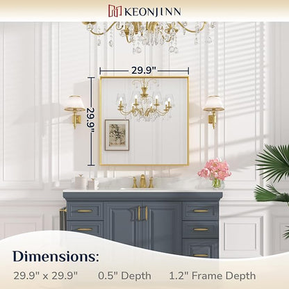 Keonjinn 30x30 Inch Brushed Gold Bathroom Mirror for Over Sink, Square | HD Tempered Glass, Vanity Mirror, Brushed Framed, Square Corner, Modern Farmhouse, Wall Mounted Mirrors, Aluminum Alloy