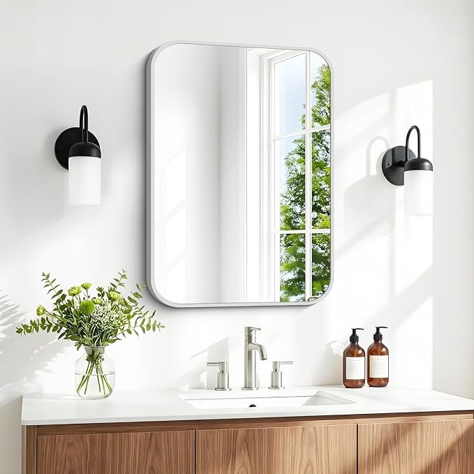 BONEWEI Silver Bathroom Mirror,16x20 inch Wall Mirror for Bathroom Wall Mounted,Rectangle Mirror for Bathroom Over Sink,Modern Frame Round Corner for Living Room,Bedroom Entryway,Horizontal/Vertical